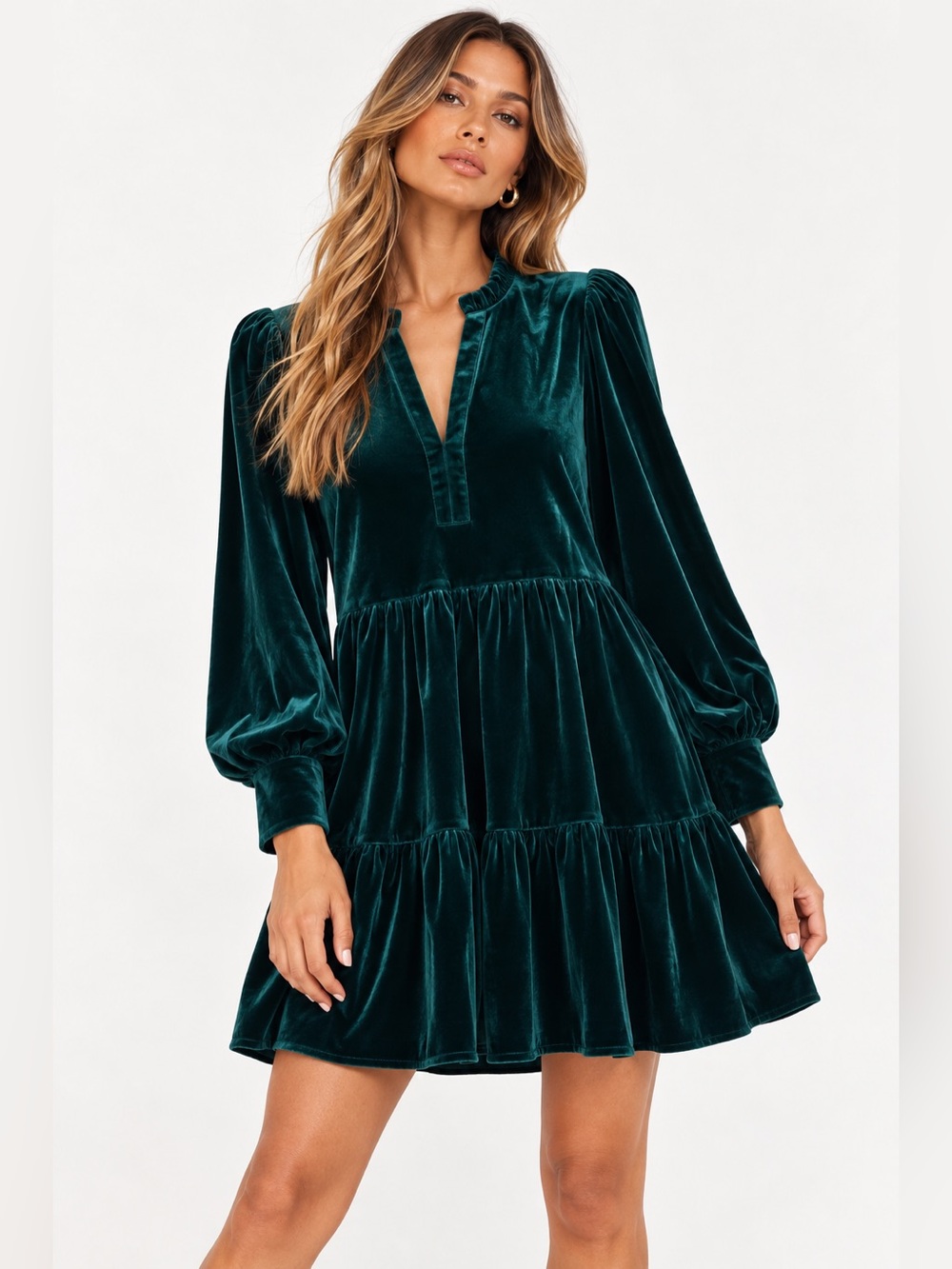 NWT Velvet Tiered Long-Sleeve Mini Dress - Deep Emerald Green
